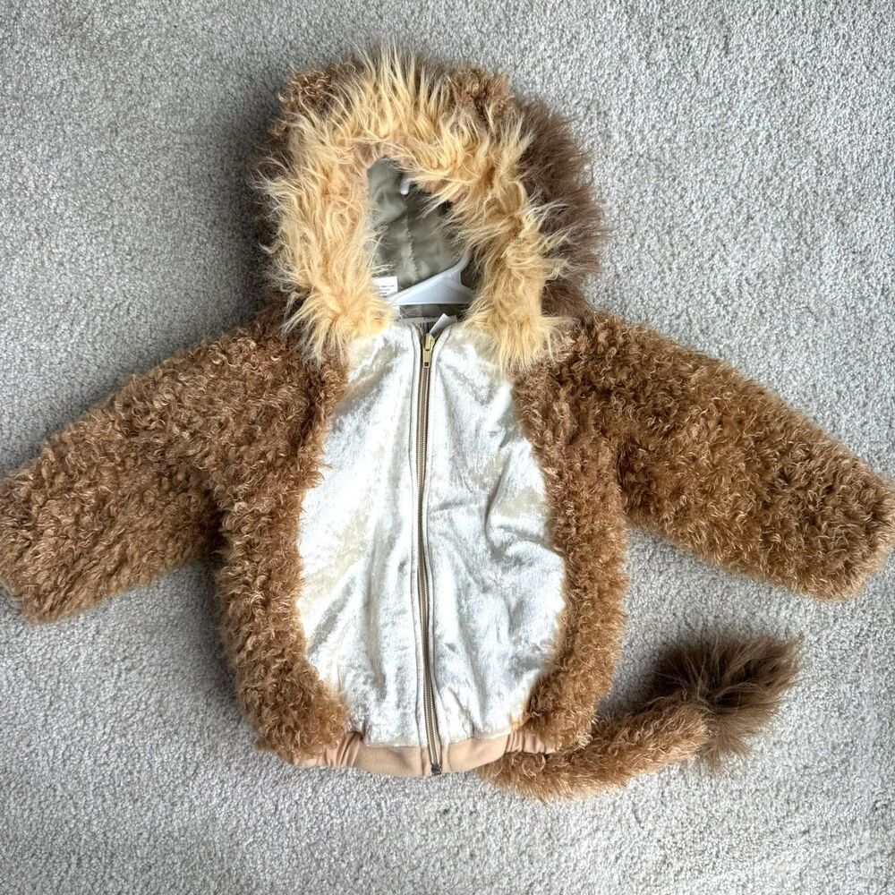 Vintage Plush Lion Costume Toddler 24M Brown Gold Hooded Jumpsuit Tail Halloween